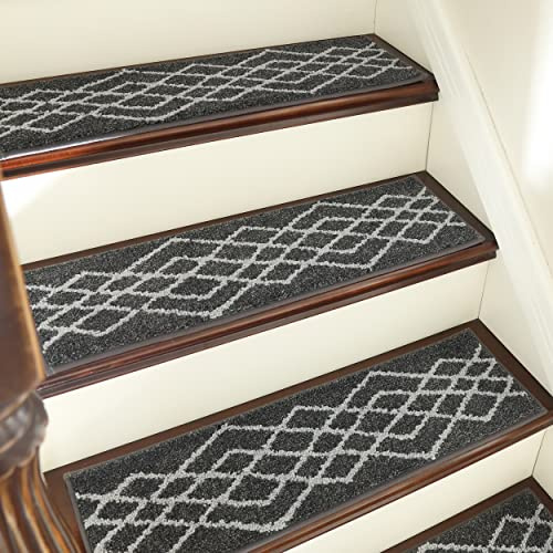 COSY HOMEER Soft Stair Treads Non-Slip Carpet Mat 28inX9in Indoor Stair Runners for Wooden Steps,Stair Rugs for Kids and Dogs, 100% Polyester TPE Backing 7pcs,Black,Rhombus
