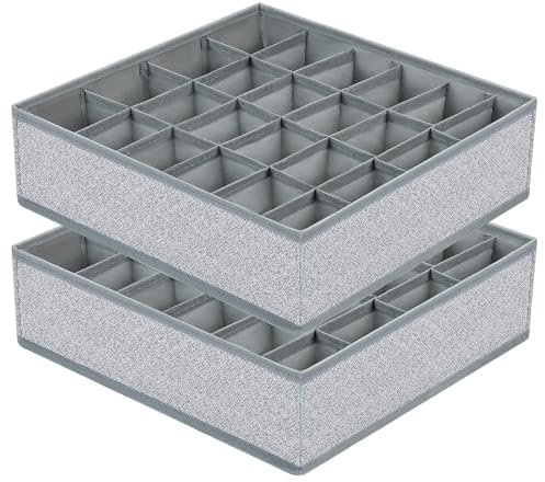 DIMJ Organizer Armadio - Set di 2 Organizer Cassetti Pieghevoli con 24 Scompartimenti Calzini Ciascuno, Divisori per Cassetti in Non Tessuto, per Intimo, Vestiti, Calzini e Cravatte, Grigio-Biancheria