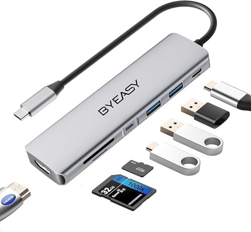 BYEASY USB C Hub, 7IN1 Docking Station, 4K HDMI, 100W PD, Typ-A/C 3.0 5Gbps, SD/TF Kartenleser, Ultra Slim Multiport Adapter für iPhone 15/16 Serie, MacBook/iPad Pro/Air, Surface, Samsung S24 usw.