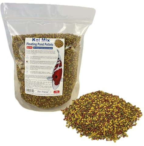 Pet Friend Koi Mix Floating Pond Pellets 1kg 3mm Variety Fish Food For Japanese Koi Carp & Goldfish Easily Digested Formula Colour Enhancing Spirulina Astaxanthin & Wheatgerm For All Year Feeding