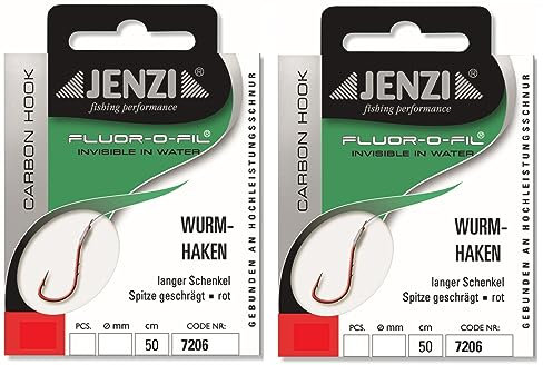 Set: 2 Packungen Wurmhaken, von Jenzi rot Gebunden an Fluor Carbon, 50 cm, Hakengröße: 2, 4, 5, 6, 8, 10, 14+ gratis Petri Heil! Aufkleber (Hakengröße: 6)