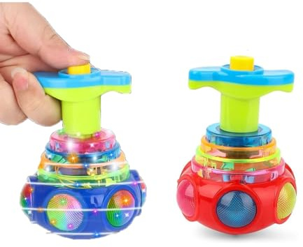 2Pcs Jouet Musical Clignotant avec Lanceur, Toupie Lumineuse et Musicale pour Enfant, Gyroscope Lumineux à Del, Jouets à Roulettes, Couleur Aléatoire