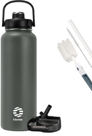 Fjbottle Gourde en acier inoxydable avec paille 950 ml/1200 ml, 2 couvercles sans BPA, Bouteille d'eau anti-fuite – Bouteille isotherme pour le sport, le vélo, l'école, le fitness