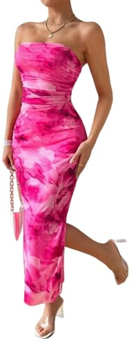 LIGHT DOT Women's Summer Dress Printed Strapless Tube Bodycon Maxi Side Slit Mesh Layered (Fuchsia,L)