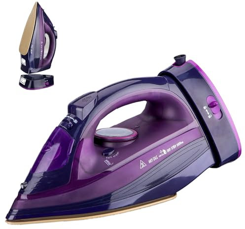 Dampfbügeleisen kabellos, Kabelloses Dampf Bügeleisen mit Keramiksohle, 2400W Dampfbügeleisen mit Variabler Dampffunktion, Selbstreinigungs & Sprühwasserfunktion, Antikalk, Tropfstopp (Purple)