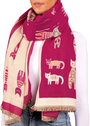 BRUBAKER Cashmirillo Damen Schal mit Katzen Muster - 70 x 200 cm - Warm und Kuschelig - Winterschal für Herbst und Winter - Herbstschal - Weiches Kaschmir-Gefühl - Pink und Beige