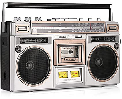 Radiocasete, Reproductor de casetes con Radio Am/FM y transmisión inalámbrica, Estilo Retro clásico de los años 80, Convierte casetes a USB/SD, Ranuras USB/Micro SD, Entrada Auxiliar, Conector para