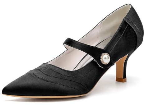 Women's Satin Mid Kitten Heel Wedding Shoes for Bride Pumps Pointed Toe Mary Jane Party Prom Court Shoes 1608-52,Black,3.5 UK