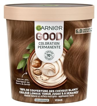 Garnier - Tinte permanente para el cabello – Sin amoniaco – 90% ingredientes de origen natural – Manteca de karité – 100% cobertura para cabello blanco – GOOD Marrón claro Mocaccino 6.0