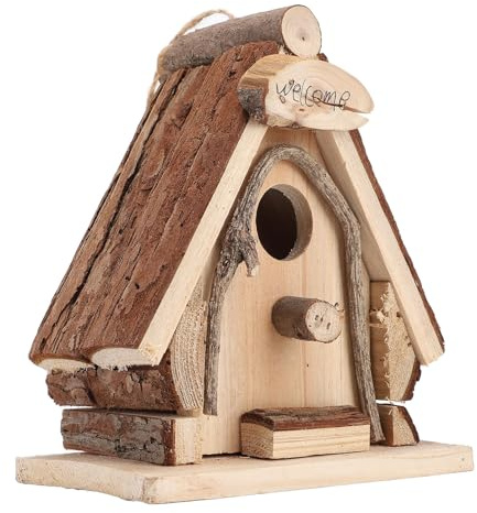 Pssopp Casa de Pájaros de Madera Atractiva Casa de Aves, Decoración de Casa de Pájaros de Tipo Madera para Pájaros Pequeños como Gorriones, Canarios. Instalación Fácil con Cuerda, Uso Versátil para