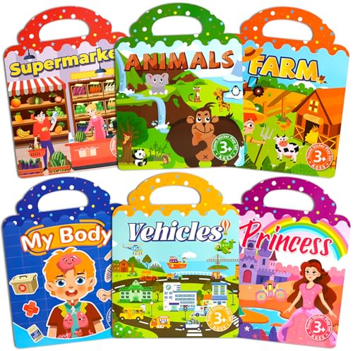 ASTARON 6 Pack Libro de Pegatinas Reutilizables, 3d Pegatinas para Niños de 3-4 Años, Juguetes de Viaje Portátil y Libro Ocupado para Niños de 3 4 Años Niñas Niños