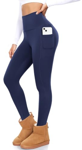 BLONGW Women's Fleece Lined Leggings High Waist Thermal Black with Pockets, Ladies Winter Warm Fur Lined Stretchy Yoga Pants Tights