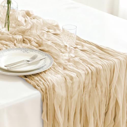 VLYX Chemin de Table en Mousseline Beige Clair 90 x 300 cm | Décoration de Table bohème pour Mariage, fête et Anniversaire