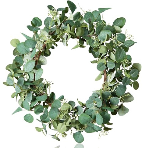 Ghirlanda artificiale di eucalipto per porta di casa, 50 cm, con foglie verdi e piccoli boccioli di fiori, da appendere, corona di eucalipto, ghirlanda estiva decorativa per finestre e camini
