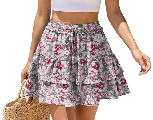 PrinStory Skorts for Women Ruffle Mini Skirts with Shorts Elasticated Waist Summer RARA Skirt