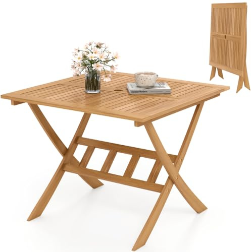 COSTWAY 70cm/90cm Folding Garden Table, Solid Wood Outdoor Dining Table with Umbrella Hole, Slatted Tabletop & Reinforced Crossbars, Square Bistro Side Table for Balcony Deck Patio (90cm, Acacia Wood)