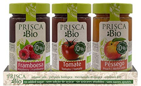 Mermelada 100% Ecológica de Frambuesa - Tomate - Melocotón - Sin Azúcar Añadido - Produto Bio Certificado - Paquete con 3 Unidades de 240 gr Cada