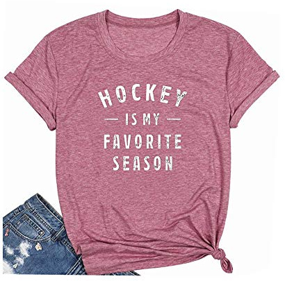 Hockey is My Favorite Season T-Shirt Women Fall Casual Short Sleeve Funny Saying Graphic Tees Tops Pink