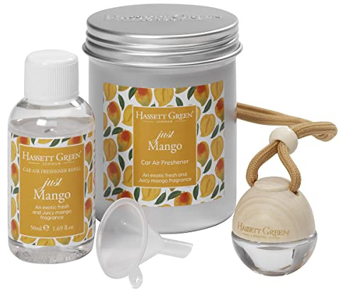 Hassett Green London Just Mango Car Air Freshener & Refill Kit | Empty wooden-top freshener & 50ml oil, Exotic, juicy tropical fruit aroma, Refillable design, For cars & small spaces