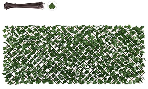 Sekey Efeu Sichtschutz mit Kabelbinder, künstliche Hecke Sichtschutz Ohne Bohren, Balkon Sichtschutz Kunstpflanzen Sichtschutzfächer für Balkon Garten, Blätter B, 100x200 cm, Ausziehbar Größe