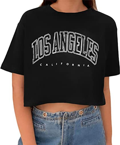 Tomwell T-Shirt Damen Crop Top Kurzarm Sportshirt Sexy Oberteil Bauchfrei Sommer Vintage Crop Tshirt mit Los Angeles Brief Lose Rundhals Teenager Mädchen Bluse A Schwarz M