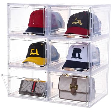 Attelite Organizer per cappelli da baseball, set da 6, scatola trasparente porta cappello con porta magnetica trasparente, impilabile, facile da montare ed elegante display (34,3 x 26,9 x 19,1 cm)