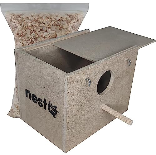 nestQ Nichoir pour perruches avec copeaux pour le lit, nichoir en bois pour oiseaux, avec attaches pour la cage à oiseaux, 19 x 15 x 13,5 cm