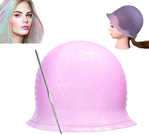 Reusable Silicone Hair Highlighting Cap - Salon Hair Dye Cap & Metal Hook Matting Tipping Hair Styling Tools(Purple)