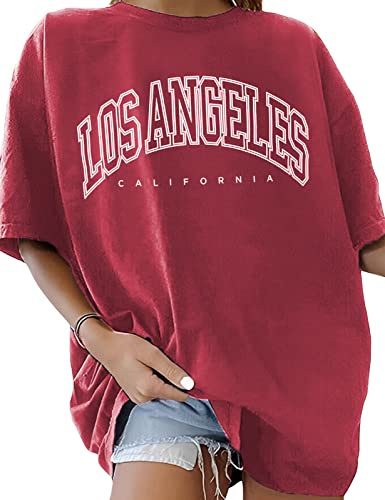 TOMEEK T-Shirt Oversize à col Rond pour Femme Manche Courte Lettres LA Haut D'été Pur Coton Chemise à Manches Courtes Lettres Créatives, Rouge vin, Taille L