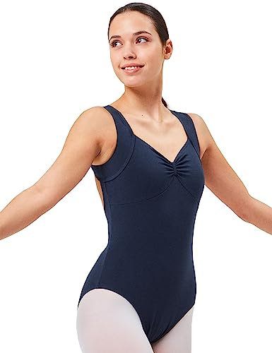 tanzmuster Ballett Trikot Damen ärmellos - Melinda - Baumwolle - BH-Pad-Einschub - geraffter Ausschnitt - marineblau 36 - blauer Tanz Body - Ballettkleidung für Erwachsene