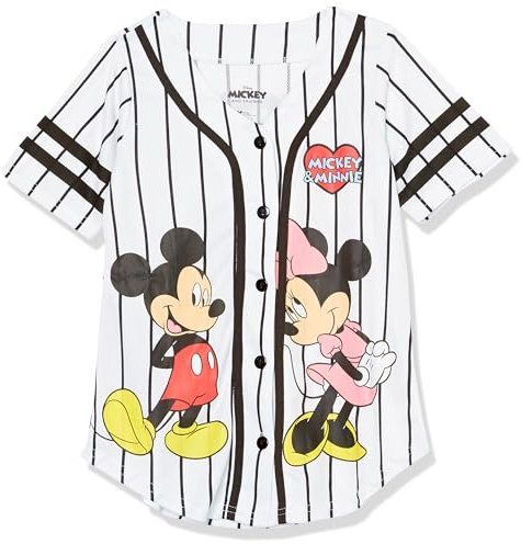 Disney Girls Mickey & Minnie Mouse Heart Baseball Jersey Mesh Button Down Shirt White/Black