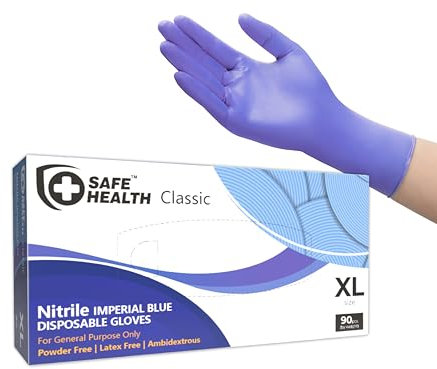 Safe Health Gants jetables en Nitrile Taille XL extra grande Bleu Impérial, Boîte de 90 gants, Sans poudre Sans latex Hypoallergéniques, Bricolage Cuisine Nettoyage Vaisselle Labo, 3 Mil