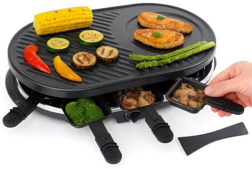 Raclette Set für 8 Personen - Grill oval - Crepes Funktion - Tischgrill inkl. Pfännchen & Schaber mit Grillplatte - (RUND)