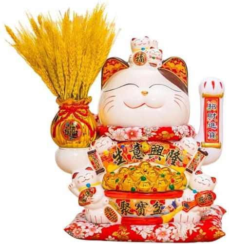 Estatua de gato de la suerte de 10 , figuras chinas de gato de la suerte, hucha Maneki Neko, dinero de cerámica, gato de la fortuna, decoraciones de regalo para la apertura de la empresa (X-grande)