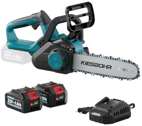 KIESBOHR 30cm Akku Kettensäge, 12 Zoll Bürstenlose Elektro Motorsäge mit Automatischer Kettenschmierung & Kettenspannung (21V, 2 Akkus 4000mAh, 2 Ketten)