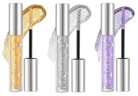 3 Colours Glitzer Wimperntusche,Lila Gold Silber Schimmer Sparkle Mascara,Glitter Mascara,Diamond Wimperntusche zur Verlängerung &Volumen, Wasserfeste, Funkelnde Augen Make-up, für Party,Hochzeit