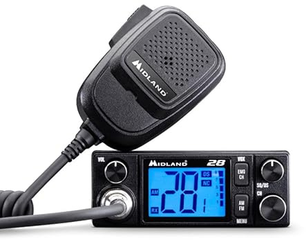 Midland 28 CB-Funkgerät mit 2 LCD-Display, VOX Freisprechfunktion, Noise-Canceling, 12/24V, Multistandard, RF-Verstärkung, für Auto und LKW, schwarz