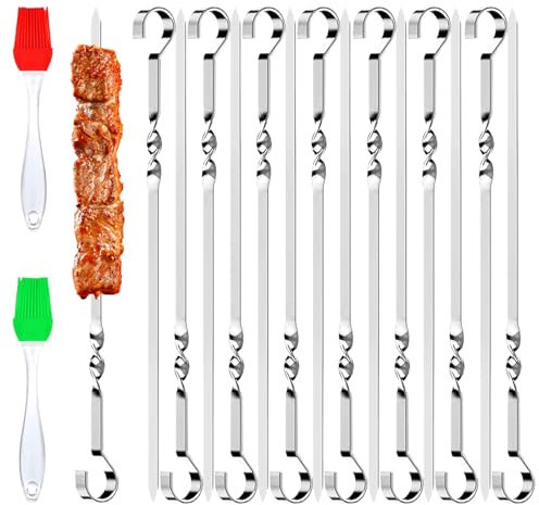 Ajuanbazha 24 Pièces Brochettes en Acier Inoxydable avec 2 Pinceaux, Réutilisables Brochettes Inox pour Barbecue,Viande,Légumes