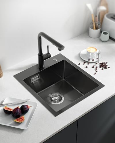 Sofetiy Évier de cuisine, noir, 40 x 45 cm, en acier inoxydable, pour armoires inférieures à partir de 40 cm de large, petit évier de cuisine, en acier inoxydable, encastrable avec siphon