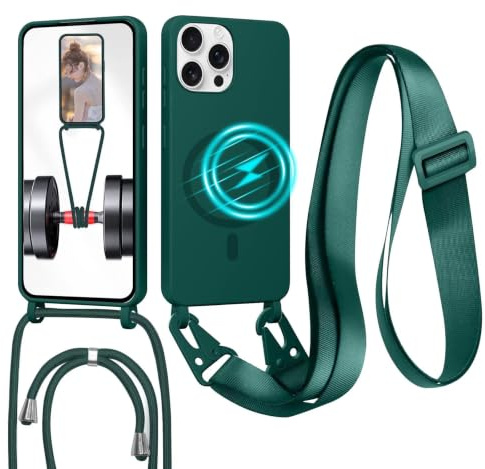 GoodcAcy Crossbody snodd fodral för iPhone 16 Pro Max, [kompatibel med MagSafe] magnetiskt fodral med rem justerbar och avtagbar hals, anti-fingeravtryck, grön