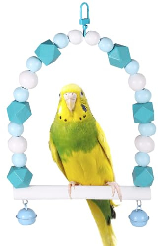 Balançoire en Bois Colorée pour Oiseaux,Jouets Suspendus avec Perchoir et Clochettes pour Perruches Calopsittes,Inséparables,Perruches et Conures,pour Équilibrer,Faire de l'exercice et S'entraîner
