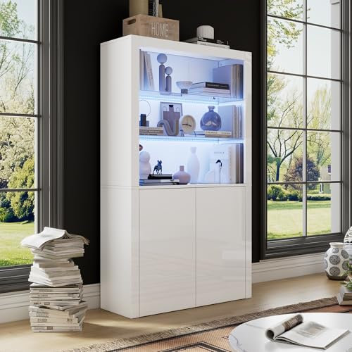 Merax Vitrinenschrank mit LED Beleuchtung, Hochschrank Hochglanz Weiß mit 2 Türen und 2 Glasböden, Bücherschrank Küchenschrank Standschrank, Mehrzweckschrank für Wohnzimmer Schlafzimmer Büro, 170cm