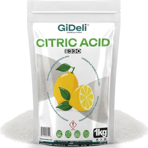 GiDeli Ácido Cítrico 1kg E330 Grado Alimentario - Polvo Blanco Puro Para Repostería y Conservas - Descalcificador Natural de Gran Formato Para Lavavajillas, Lavadora y Limpieza - Regulador de pH