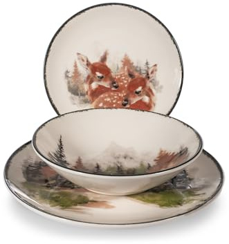 H&H, Set Tavola Autunnale Golden Woods 18 Pezzi – Piatti in Stoneware con Decoro Boschi e Cerbiattini, Perfetto per Natale e Occasioni Speciali in Montagna