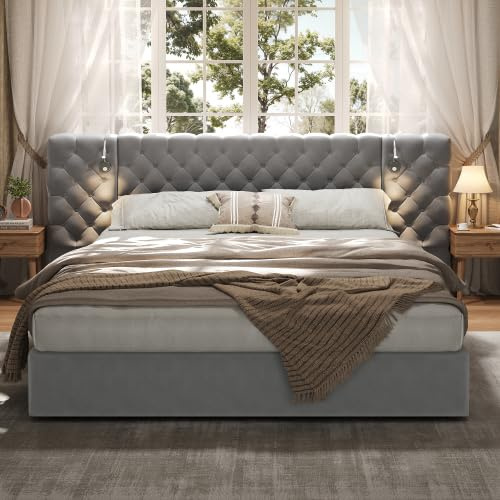 6ft Super King Size Ottoman Bed Frame with Hydraulic Storage&Reading Light, Functional Upholstered Bed with Wide Headboard, Velvet Gas Lift Upholstered Storage Bed with Wooden Slats, No Mattress, Grey