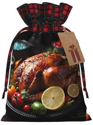 Deliciosas bolsas de lino con cordón y diseño colorblock para pavo asado. Bolsas navideñas con cordón, perfectas para la decoración de fiestas navideñas.