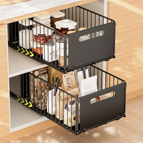 2 Piezas Cajón Telescópico Cajón de Cocina Extensible Desplegable Organizador De Gabinete Extraíble Fijo con Nano Película Adhesiva Cesta Deslizante para Cocina Sin Taladrar ni Clavar, L25*A38*H19 cm