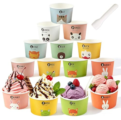 XIMEY Coppette Gelato Usa e Getta, 60/100 pezzi Ciotole per Gelati Dolci, 180ML Ciotole di Carta in Carta Monouso, Carta Coppette per Dessert, Yogurt, Frutta, Feste di Compleanno e Picnic (100, B)
