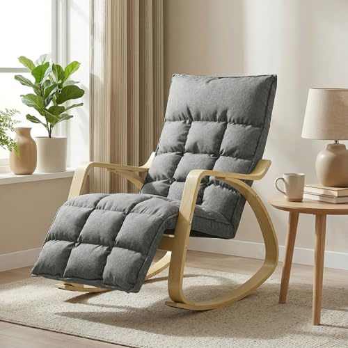 HOMCOM Schaukelstuhl Schaukelsessel mit 5-Fach Verstellbarer Fußstütze, hoher Rückenlehne, Sessel Relaxsessel mit Leinenoptik, Schwingsessel, Lesesessel für Wohnzimmer, Schlafzimmer, Grau