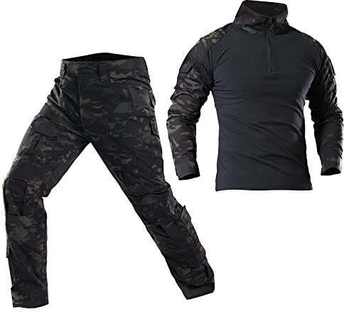 Traje Táctico Airsoft Pantalones Camisas Paintball Uniforme Tactical Camuflaje Ropa Militar Camisa Manga larga Ripstop BDU Hunting Trabajo (Negro-CP, L)